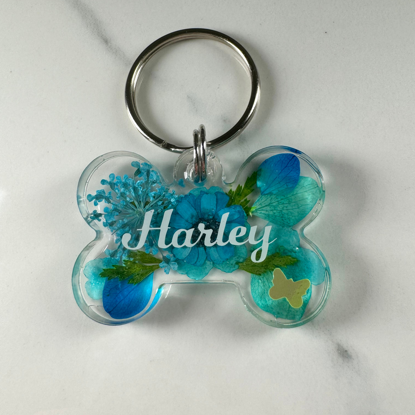 Blue Floral Themed Dog Tag